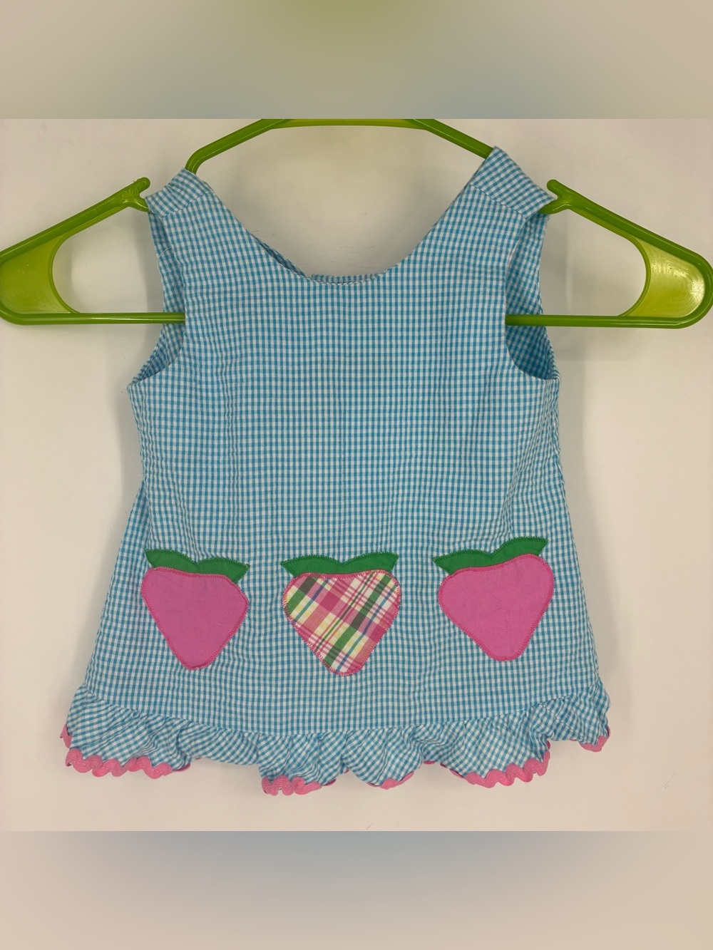 Vintage 90s 12 Months Strawberry Blue Plaid Gingham Dress Lace Pink Fantasia